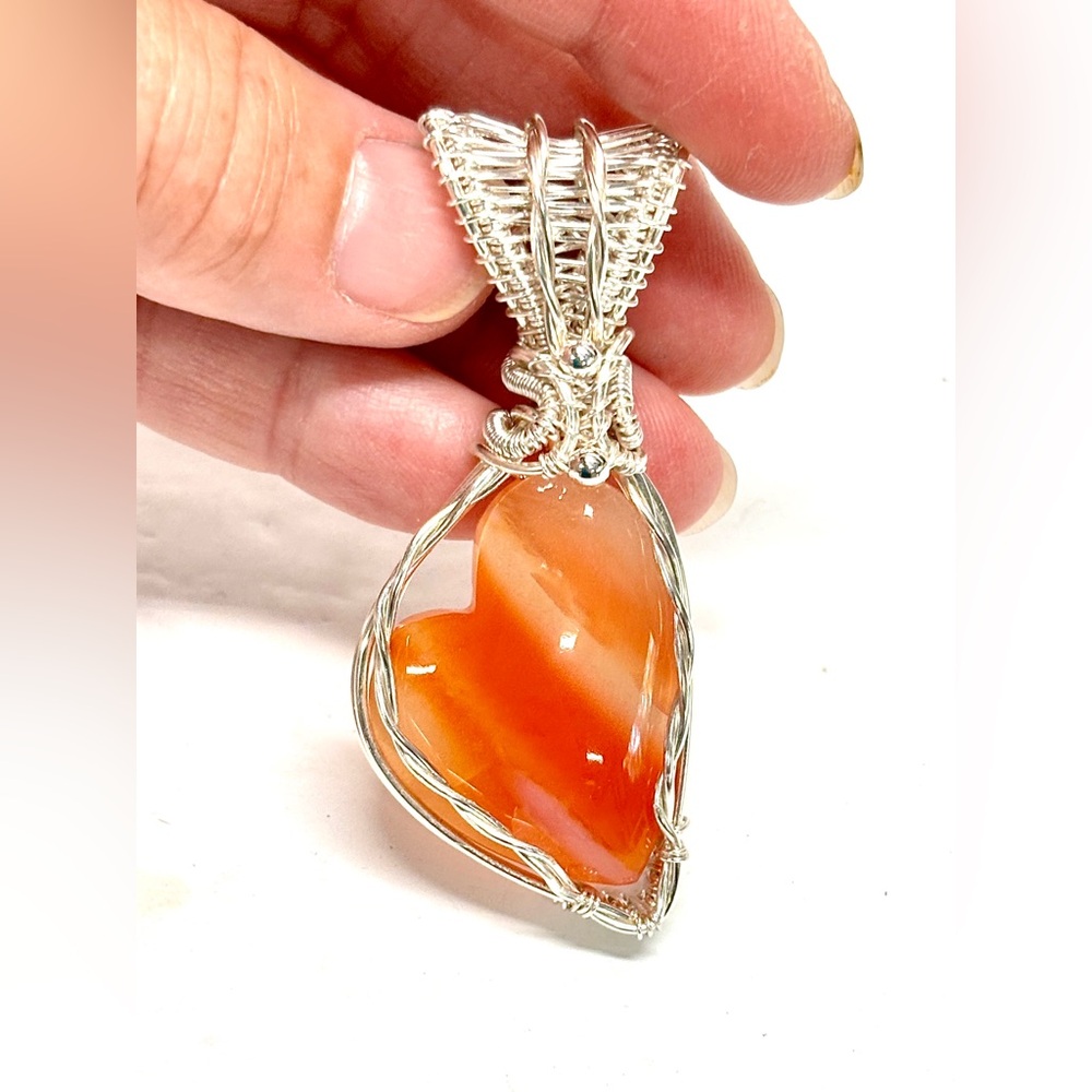 HAND CRAFTED Carnelian Agate Wire Wrapped Silver Plate Pendant, Handmade Jewelry